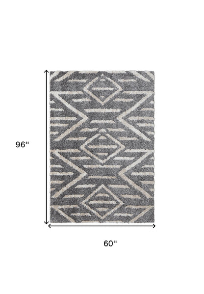 5' X 8' Gray And Ivory Geometric Power Loom Stain Resistant Area Rug