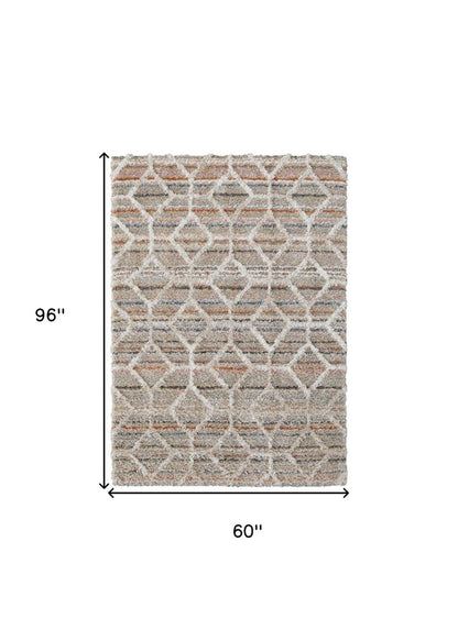 5' X 8' Blue And Ivory Geometric Power Loom Stain Resistant Area Rug