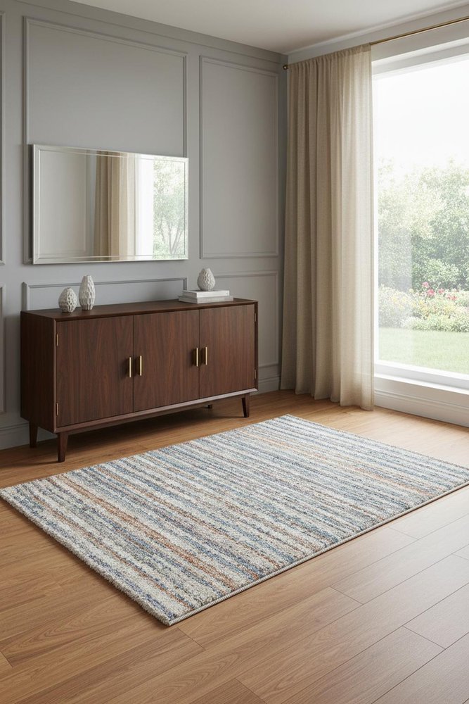 8' X 10' Ivory and Blue Striped Power Loom Area Rug