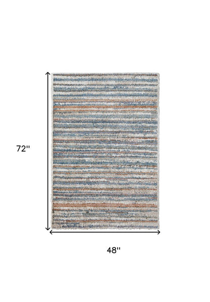 5' X 8' Ivory Blue And Orange Striped Power Loom Stain Resistant Area Rug