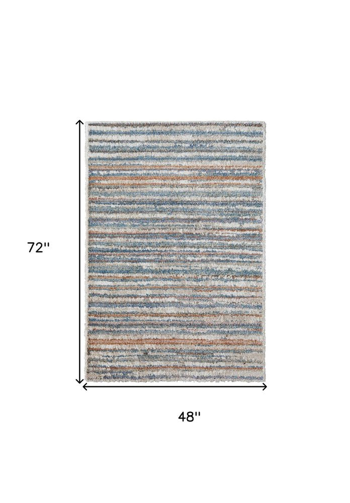8' X 10' Ivory and Blue Striped Power Loom Area Rug