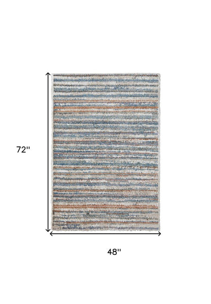 8' X 10' Ivory and Blue Striped Power Loom Area Rug