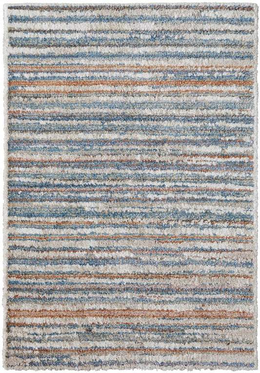 8' X 10' Ivory and Blue Striped Power Loom Area Rug