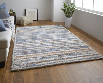 9' X 12' Ivory Blue And Orange Striped Power Loom Stain Resistant Area Rug