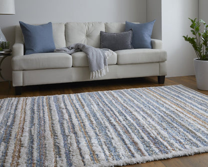5' X 8' Ivory Blue And Orange Striped Power Loom Stain Resistant Area Rug