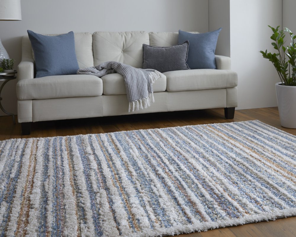 5' X 8' Ivory Blue And Orange Striped Power Loom Stain Resistant Area Rug
