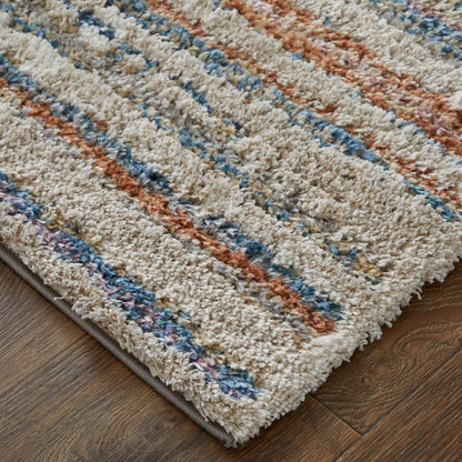 9' X 12' Ivory Blue And Orange Striped Power Loom Stain Resistant Area Rug