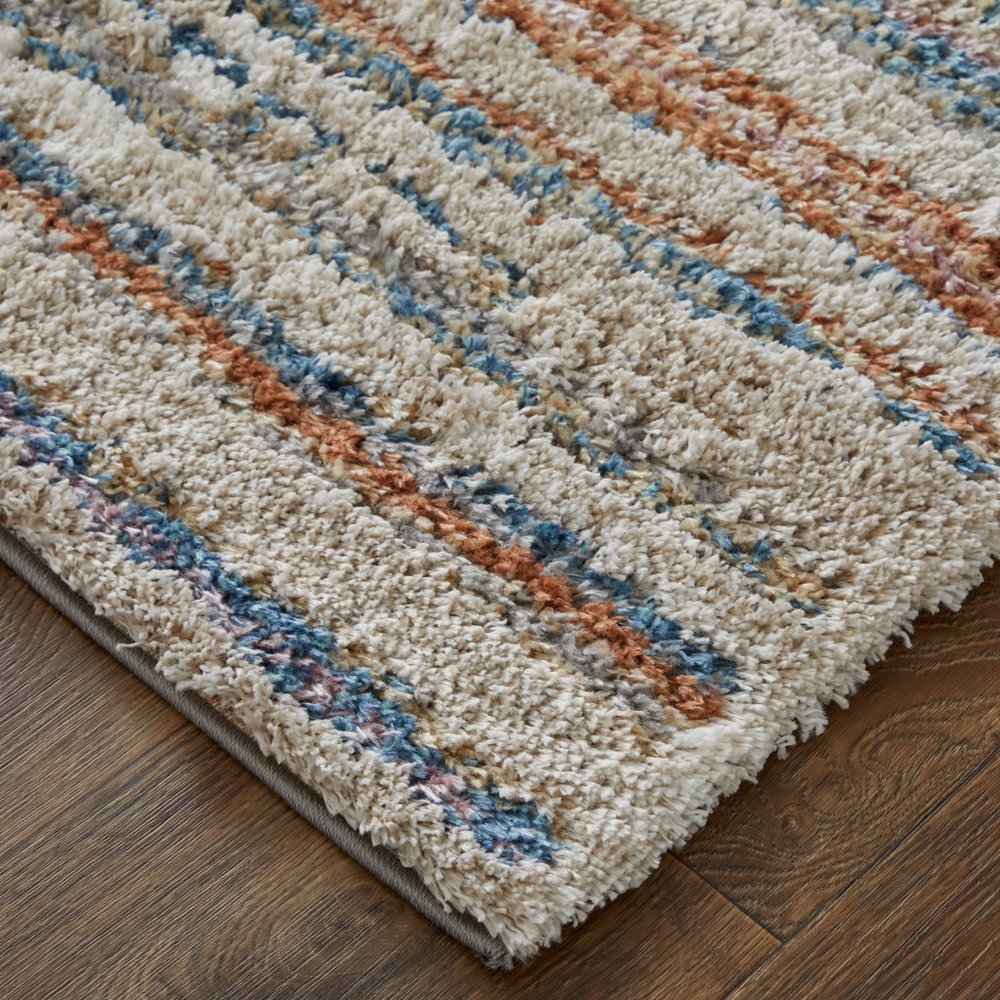 9' X 12' Ivory Blue And Orange Striped Power Loom Stain Resistant Area Rug
