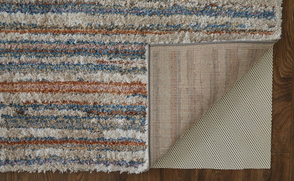 8' X 10' Ivory and Blue Striped Power Loom Area Rug