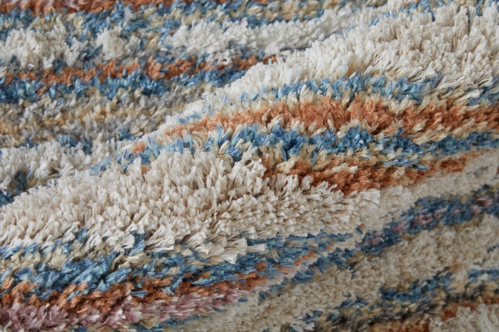 5' X 8' Ivory Blue And Orange Striped Power Loom Stain Resistant Area Rug