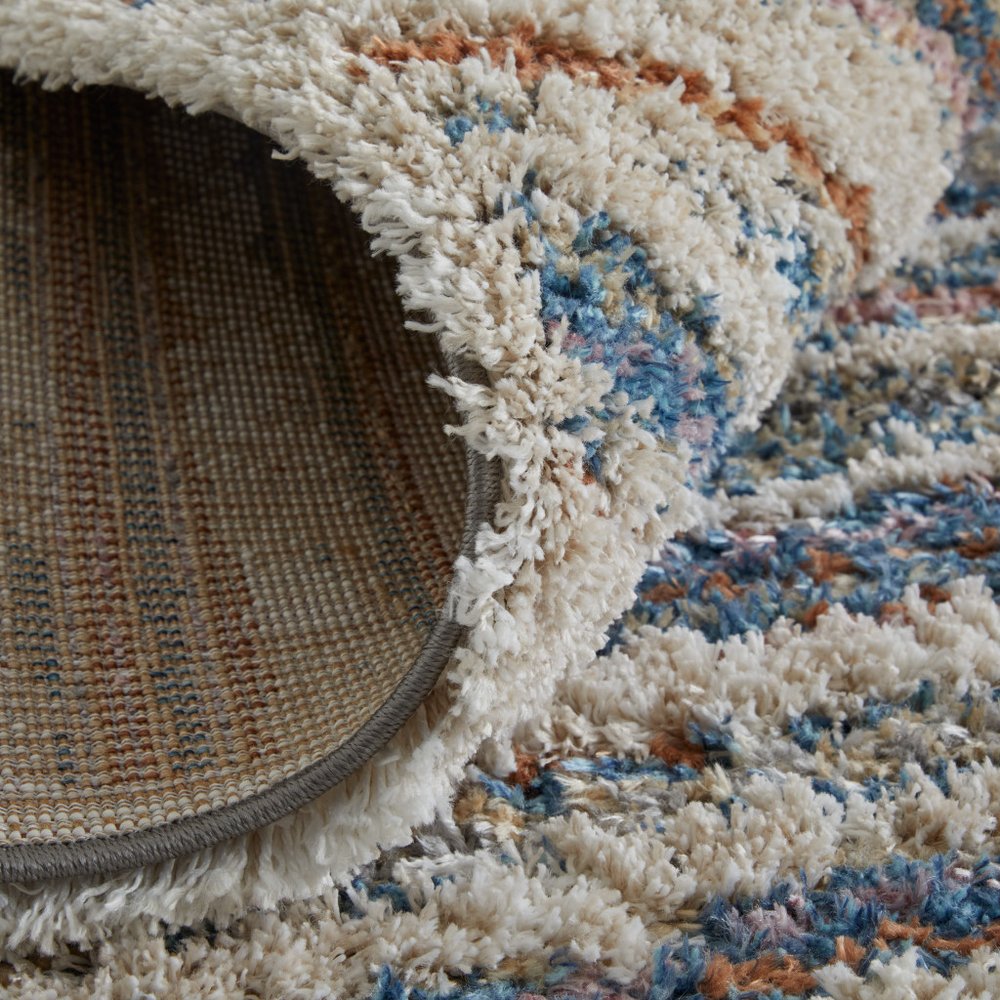 5' X 8' Ivory Blue And Orange Striped Power Loom Stain Resistant Area Rug