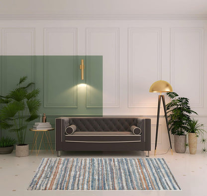 9' X 12' Ivory Blue And Orange Striped Power Loom Stain Resistant Area Rug