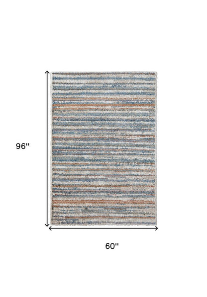 9' X 12' Ivory Blue And Orange Striped Power Loom Stain Resistant Area Rug