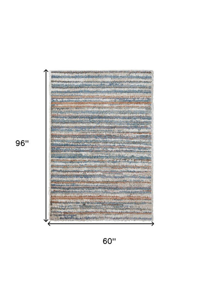 8' X 10' Ivory and Blue Striped Power Loom Area Rug