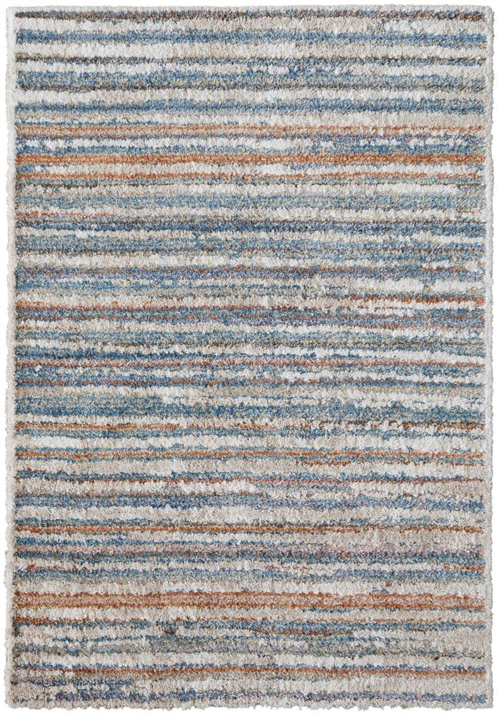 8' X 10' Ivory and Blue Striped Power Loom Area Rug