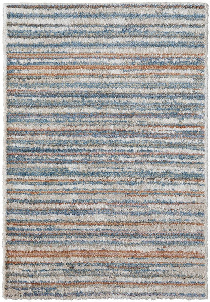8' X 10' Ivory and Blue Striped Power Loom Area Rug