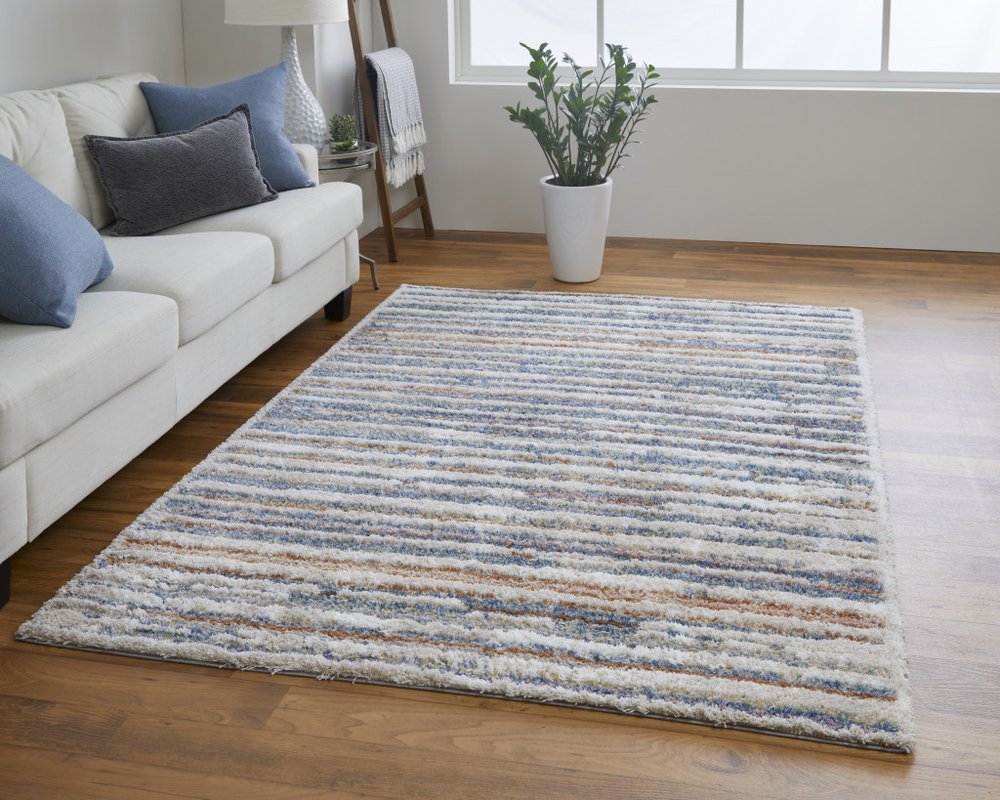 2' X 3' Ivory Blue And Orange Striped Power Loom Stain Resistant Area Rug