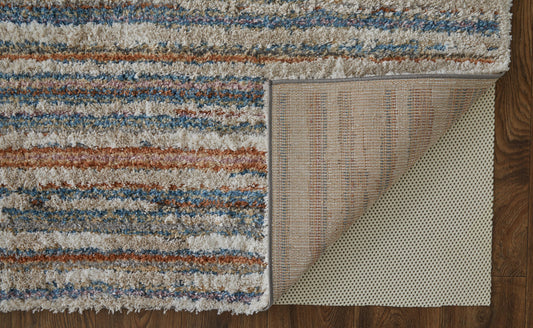 9' X 12' Ivory Blue And Orange Striped Power Loom Stain Resistant Area Rug