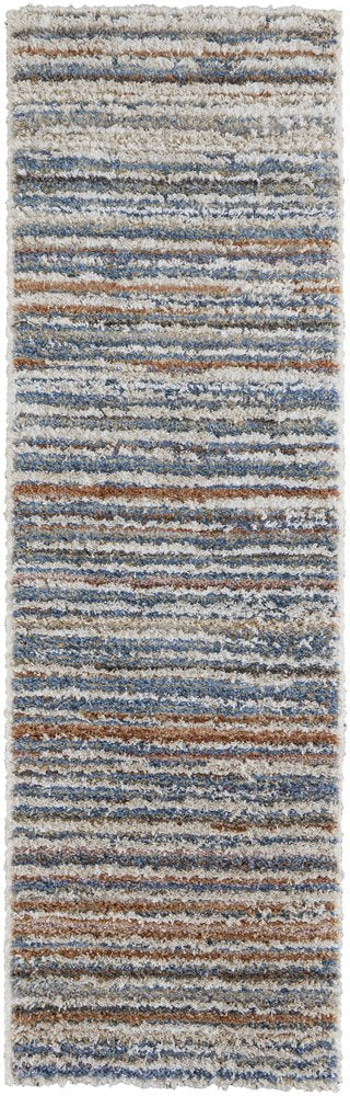 9' X 12' Ivory Blue And Orange Striped Power Loom Stain Resistant Area Rug