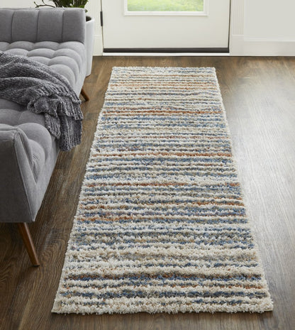 9' X 12' Ivory Blue And Orange Striped Power Loom Stain Resistant Area Rug
