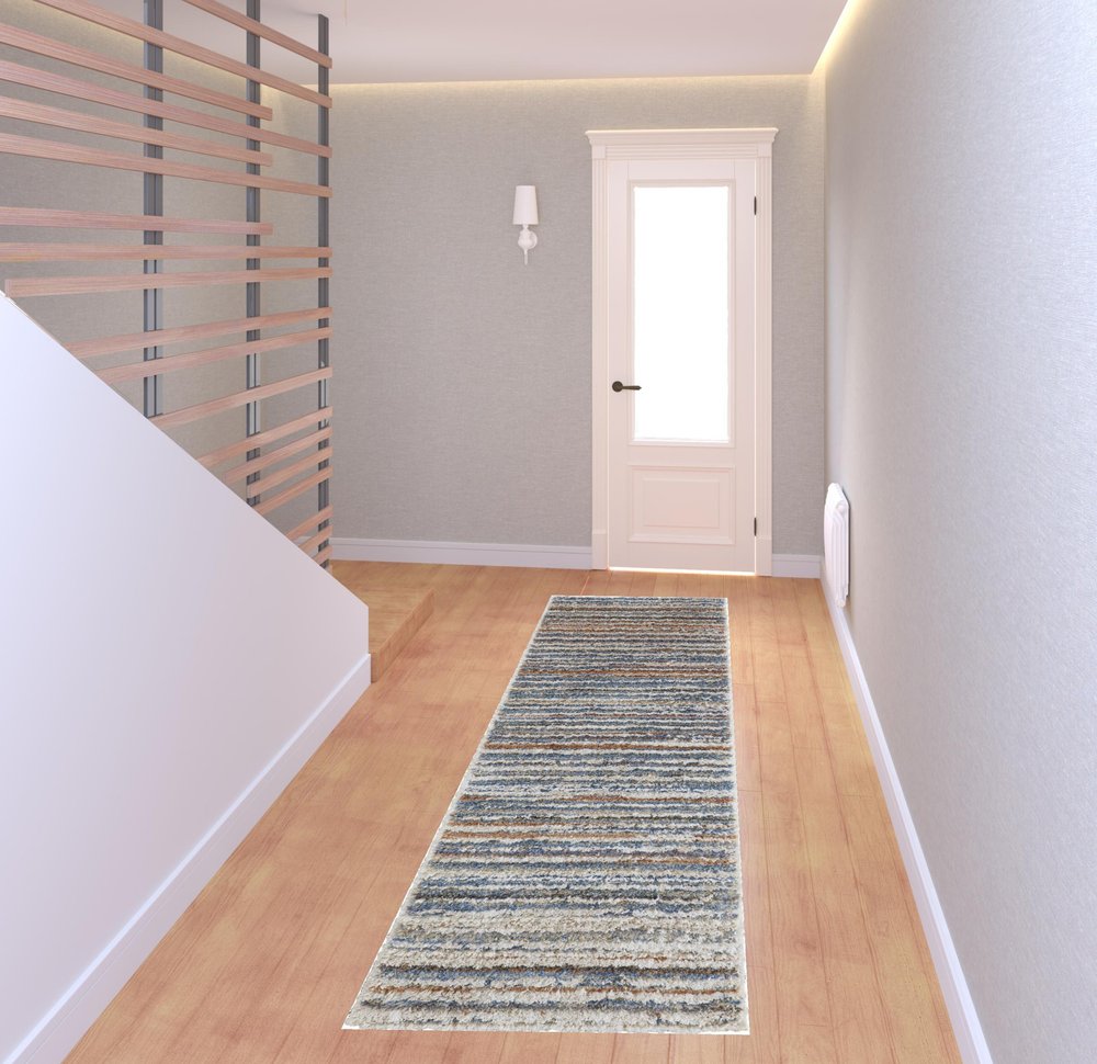 9' X 12' Ivory Blue And Orange Striped Power Loom Stain Resistant Area Rug