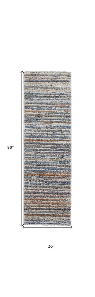 9' X 12' Ivory Blue And Orange Striped Power Loom Stain Resistant Area Rug