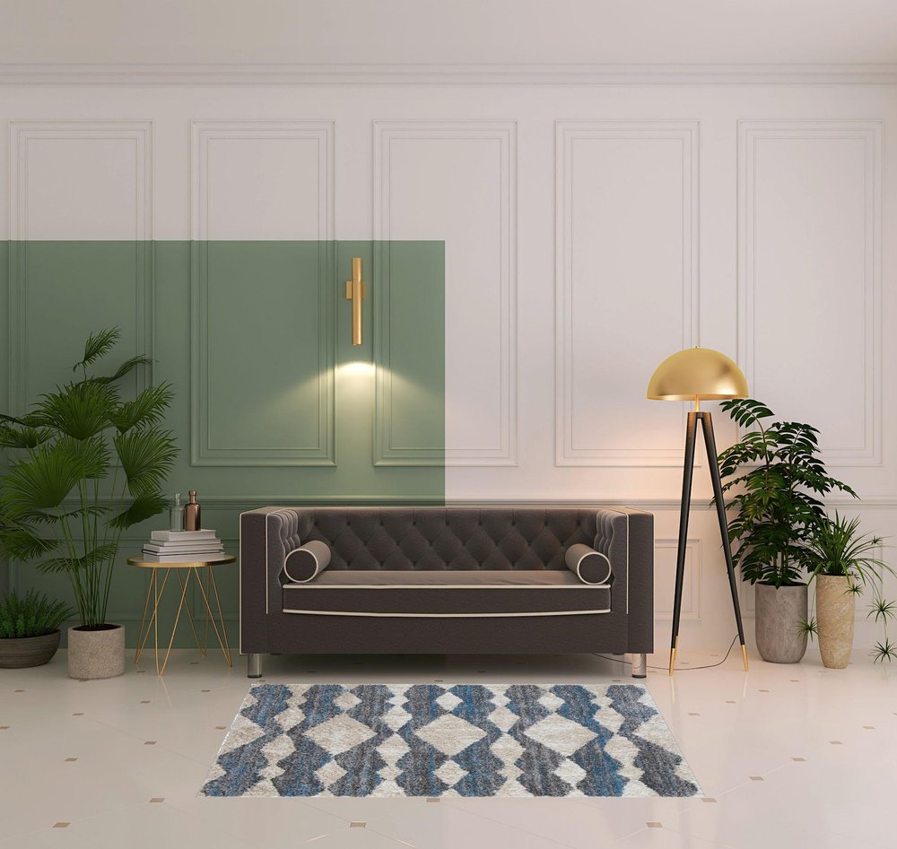 5' X 8' Ivory Gray And Blue Chevron Power Loom Stain Resistant Area Rug