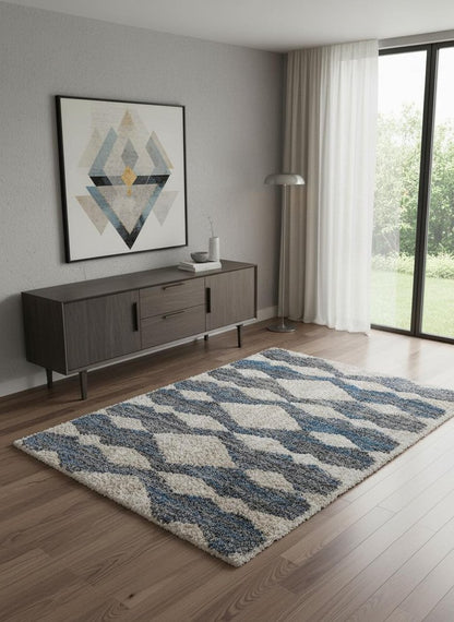 8' X 10' Ivory Gray And Blue Chevron Power Loom Stain Resistant Area Rug