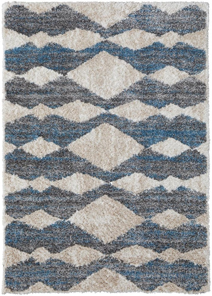 5' X 8' Tan Ivory And Blue Chevron Power Loom Stain Resistant Area Rug