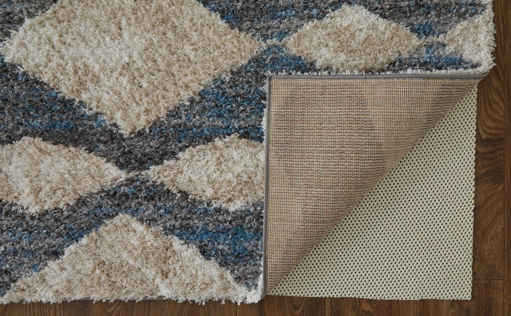 5' X 8' Tan Ivory And Blue Chevron Power Loom Stain Resistant Area Rug