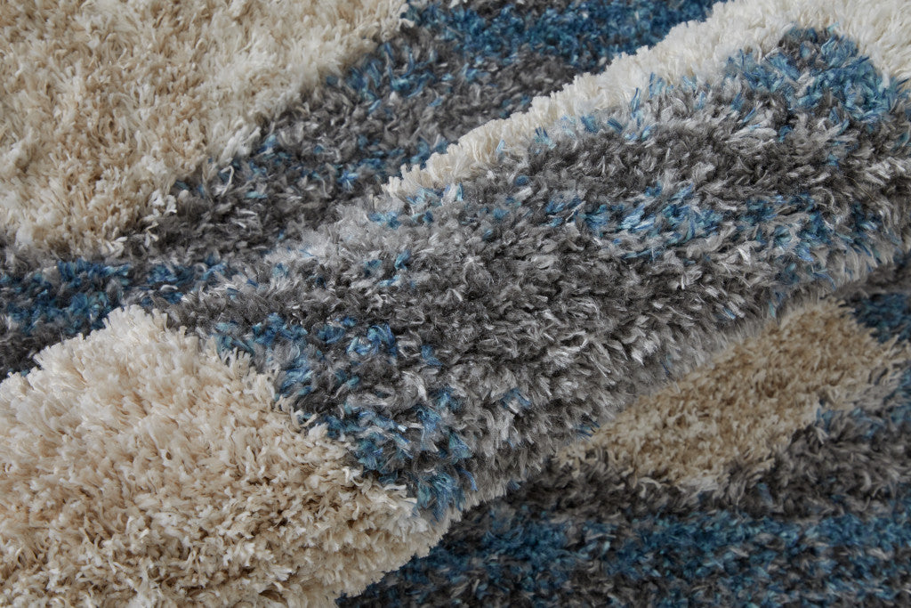 8' X 10' Ivory Gray And Blue Chevron Power Loom Stain Resistant Area Rug