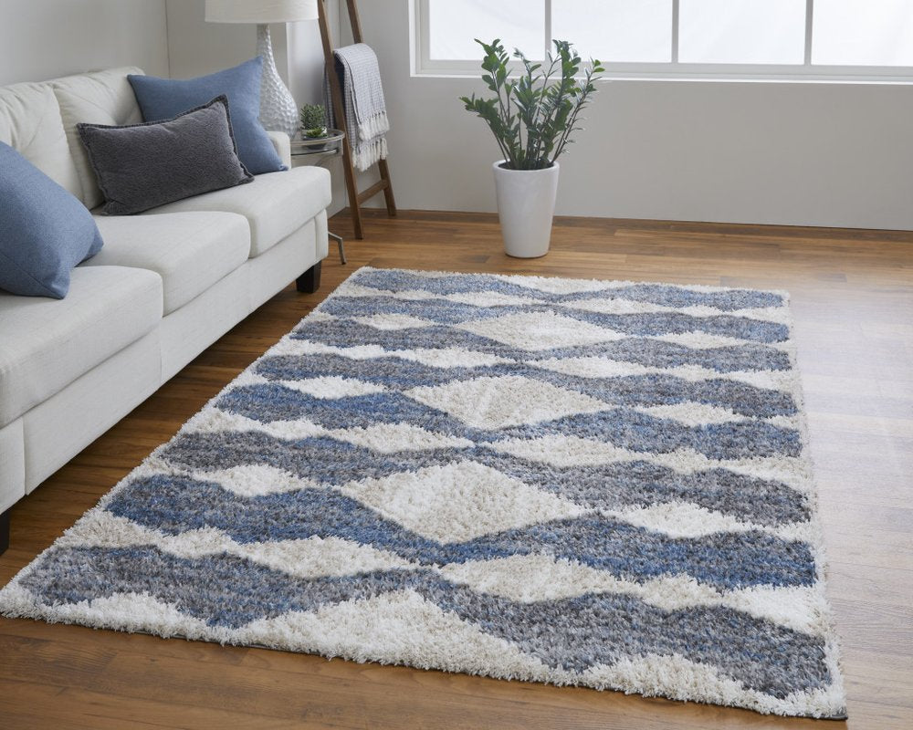 5' X 8' Ivory Gray And Blue Chevron Power Loom Stain Resistant Area Rug