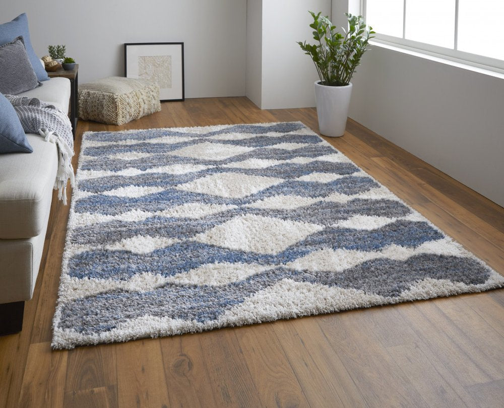 5' X 8' Ivory Gray And Blue Chevron Power Loom Stain Resistant Area Rug