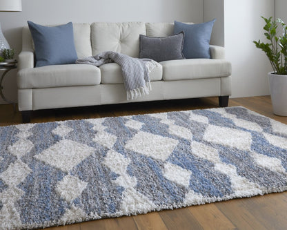 5' X 8' Ivory Gray And Blue Chevron Power Loom Stain Resistant Area Rug