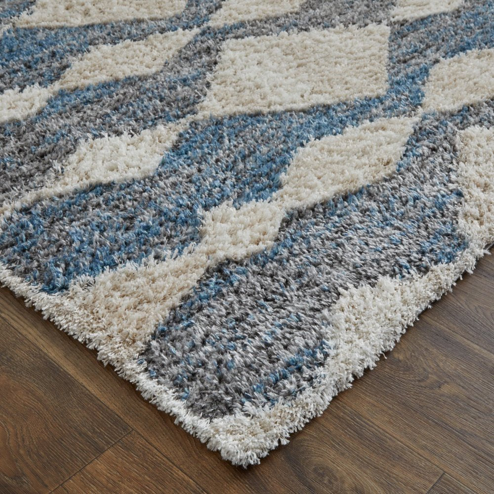 5' X 8' Tan Ivory And Blue Chevron Power Loom Stain Resistant Area Rug
