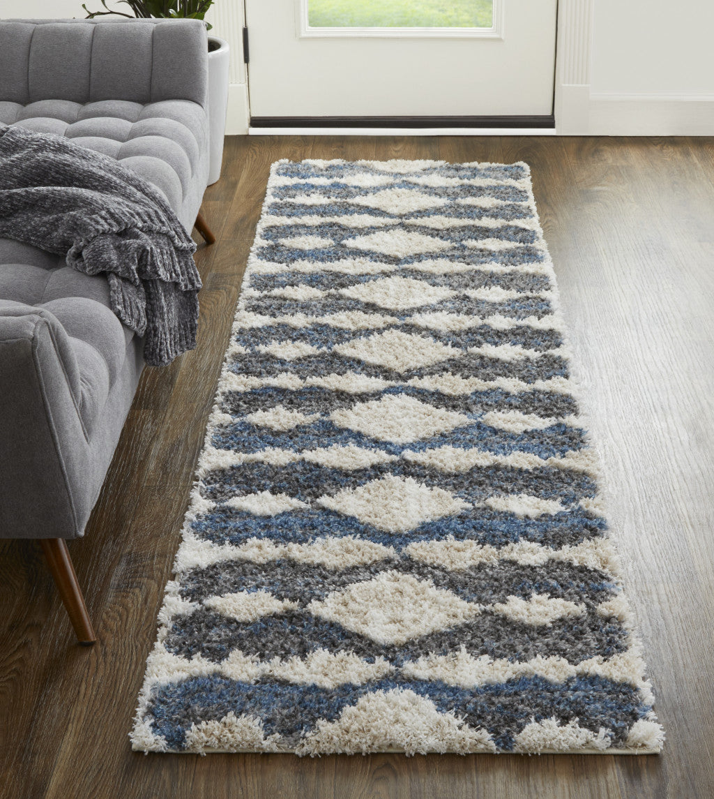 4' X 6' Ivory Gray And Blue Chevron Power Loom Stain Resistant Area Rug