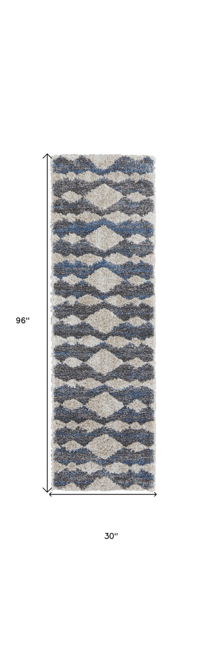 4' X 6' Ivory Gray And Blue Chevron Power Loom Stain Resistant Area Rug