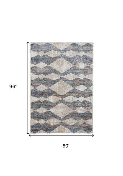 4' X 6' Ivory Gray And Blue Chevron Power Loom Stain Resistant Area Rug