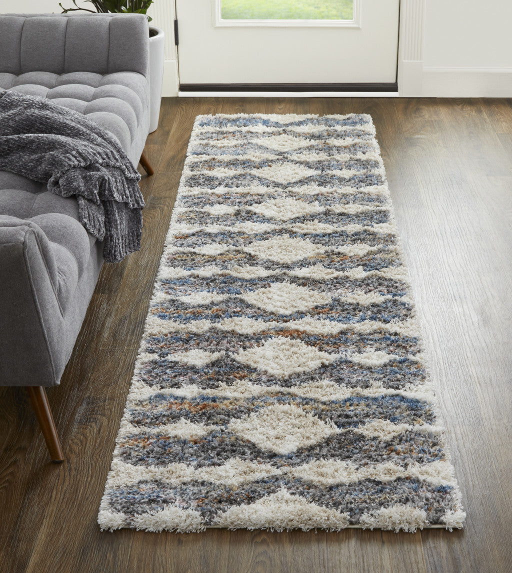 4' X 6' Ivory Gray And Blue Chevron Power Loom Stain Resistant Area Rug