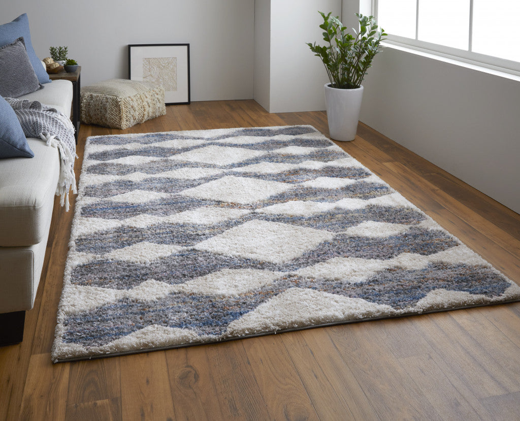 4' X 6' Ivory Gray And Blue Chevron Power Loom Stain Resistant Area Rug