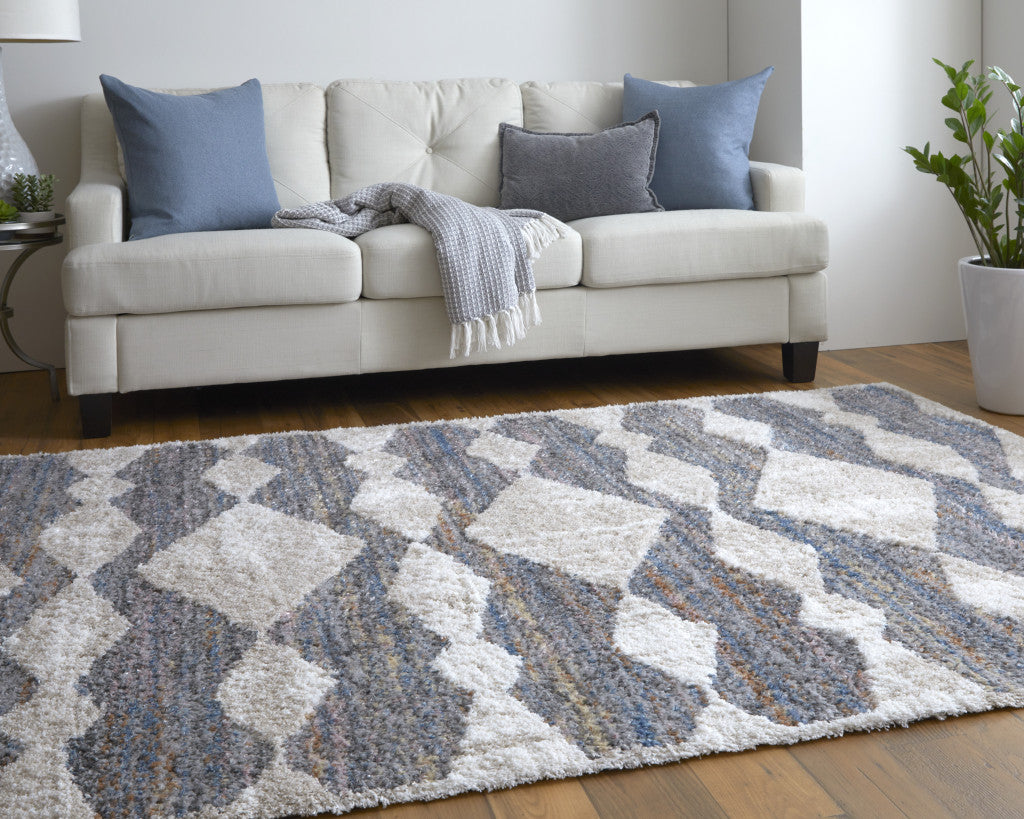 4' X 6' Ivory Gray And Blue Chevron Power Loom Stain Resistant Area Rug