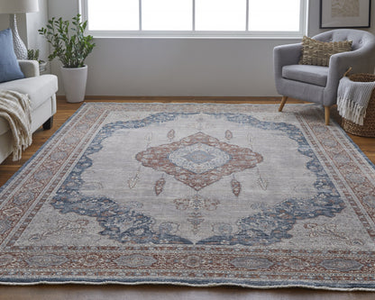 10' Gray Red And Blue Floral Runner Rug With Fringe