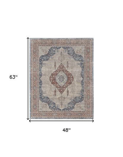 10' Gray Red And Blue Floral Runner Rug With Fringe