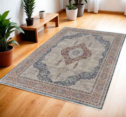 10' Gray Red And Blue Floral Runner Rug With Fringe