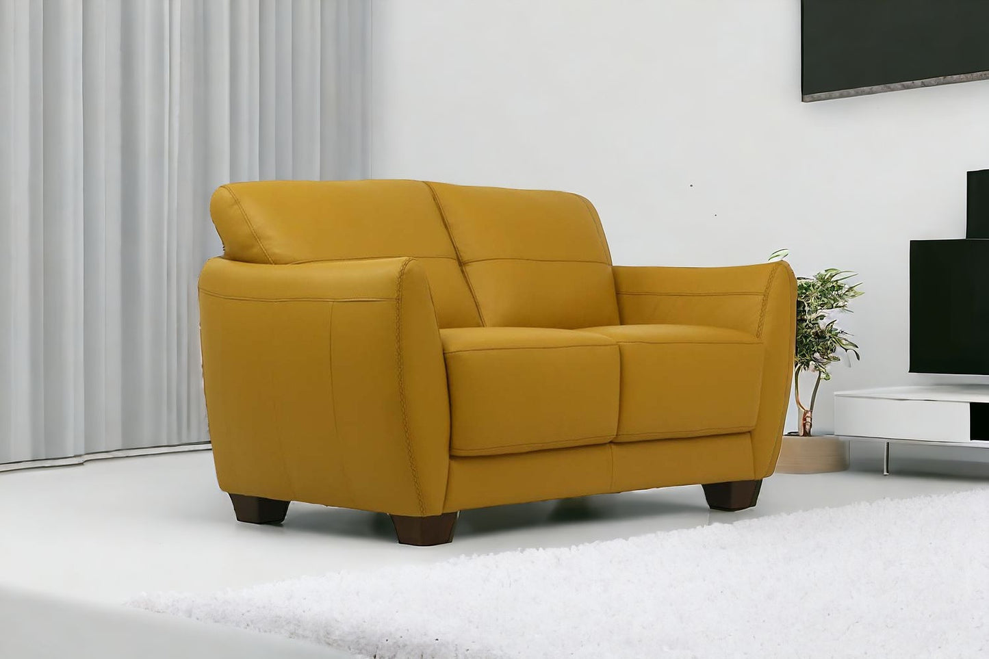 57" Mustard And Brown Leather Loveseat