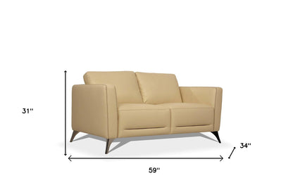 59" Cream And Silver Leather Loveseat