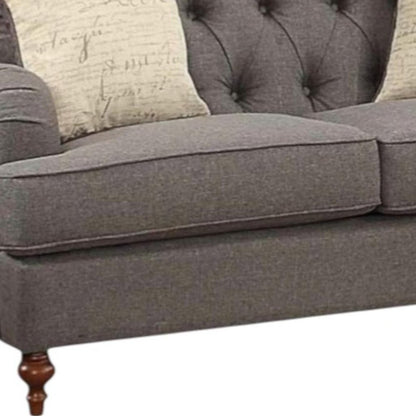61" Dark Gray And Brown Linen Curved Loveseat and Toss Pillows