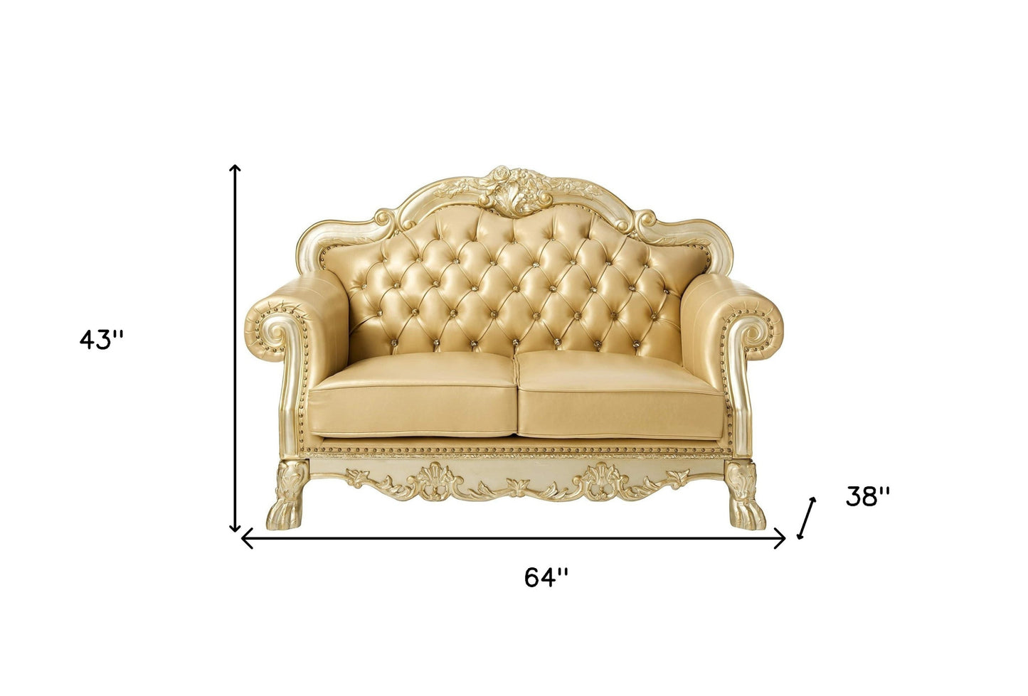 64" Bone And Gold Faux Leather Loveseat and Toss Pillows