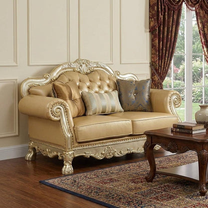 64" Bone And Gold Faux Leather Loveseat and Toss Pillows