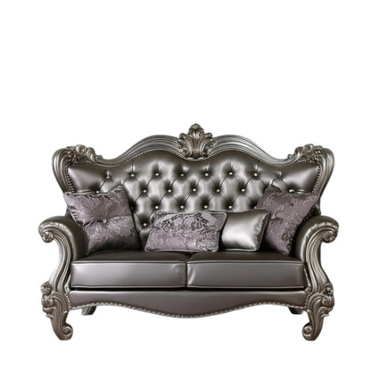 70" Silver And Platinum Faux Leather Loveseat and Toss Pillows